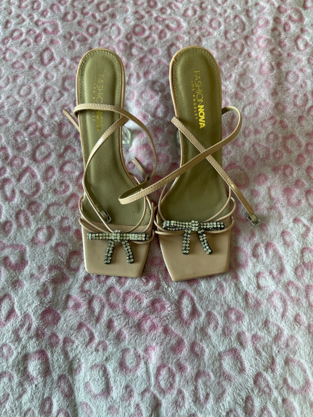 Fashion Nova Blush Nude Strappy Heels with Crystal Bow